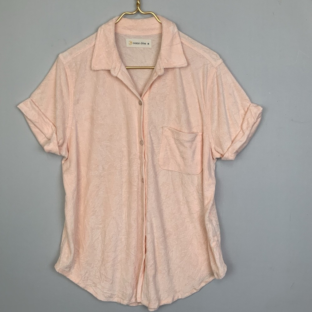 Ocean Drive Sz Medium Peach Terry Cloth Cuffed Short Sleeve Button Down Shirt